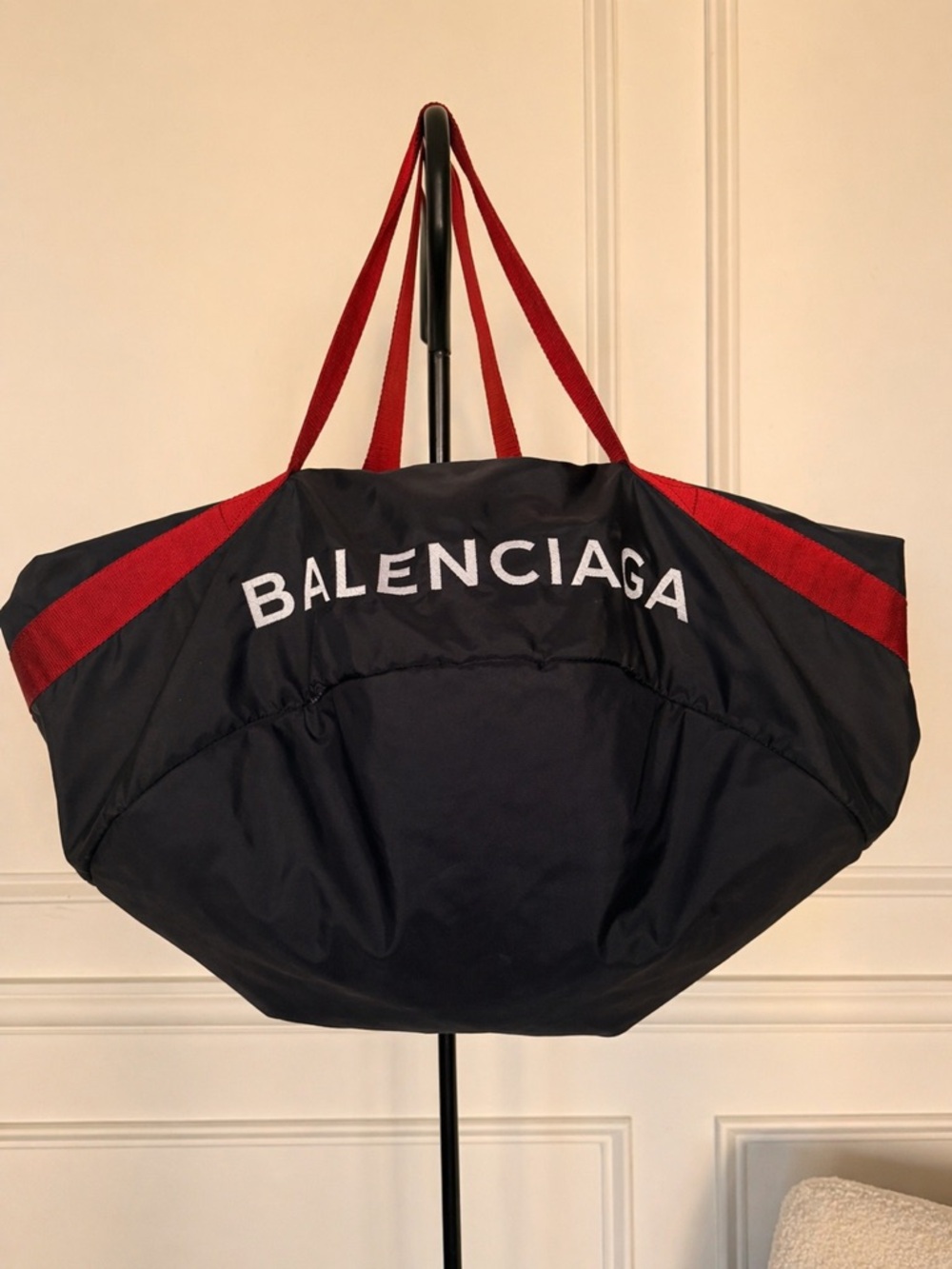 Balenciaga Black Nylon Logo Tote / Gym Bag Red Strap